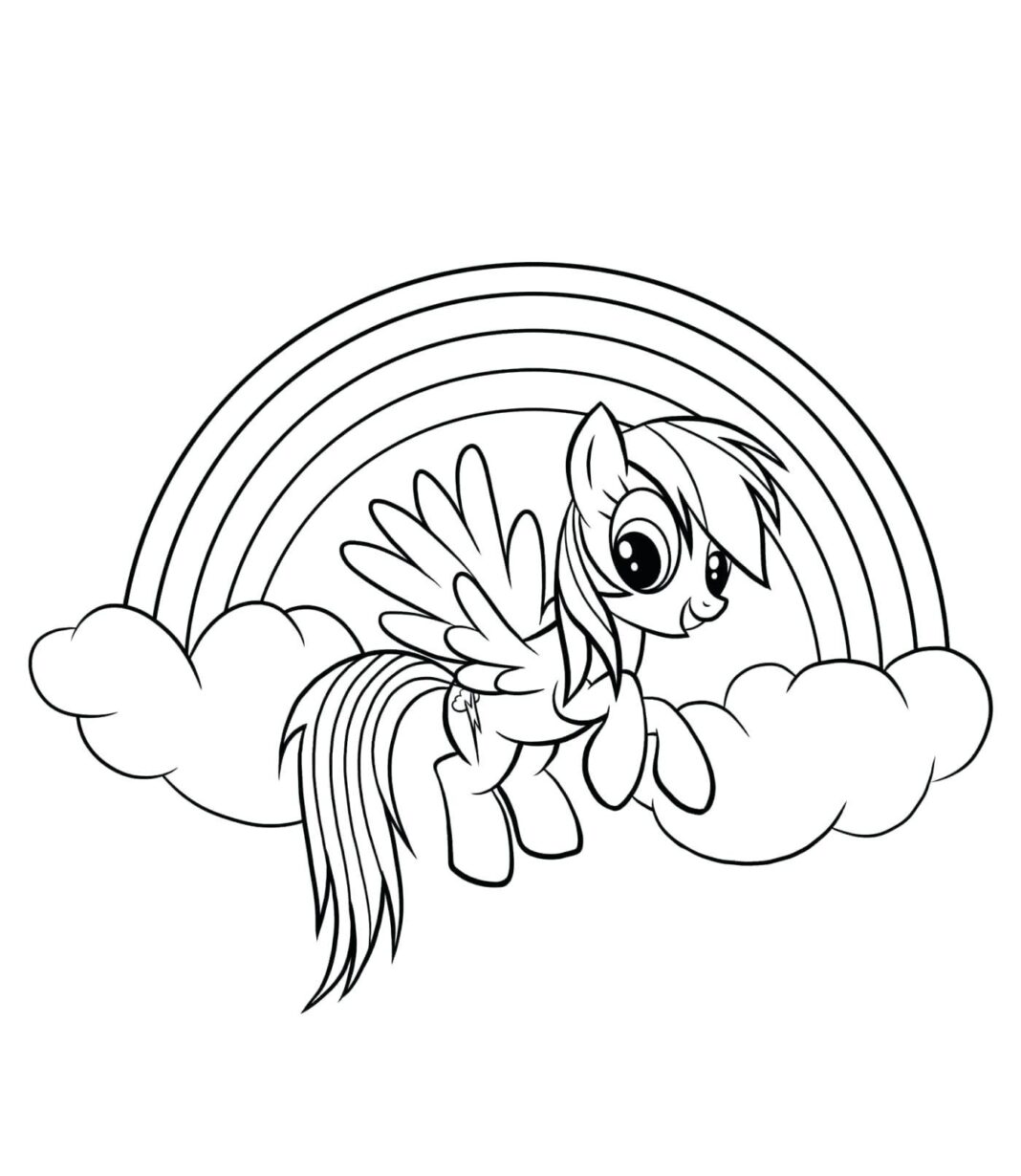 Online coloring book: Rainbow Dash is flying among the clouds